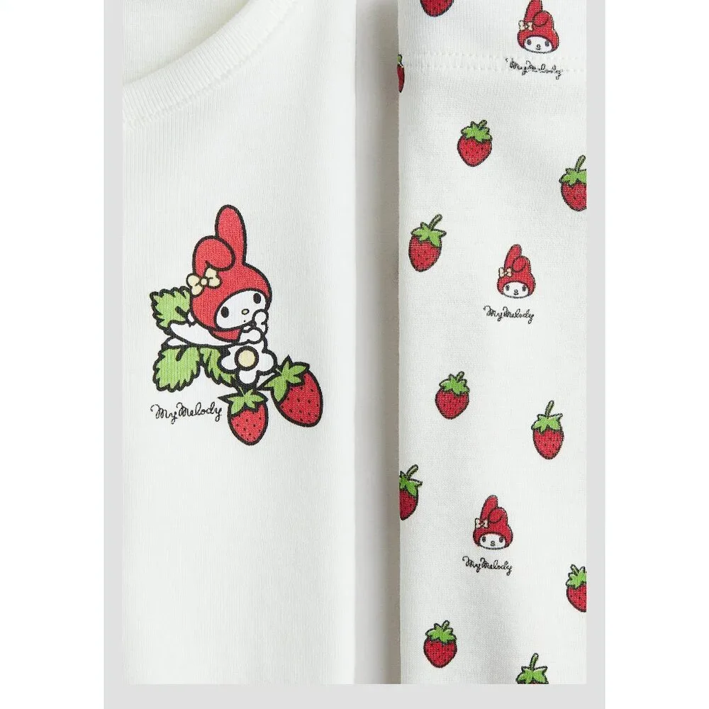H&M Girls Printed Cotton Pajamas White / Sanrio My Melody Strawberry S
